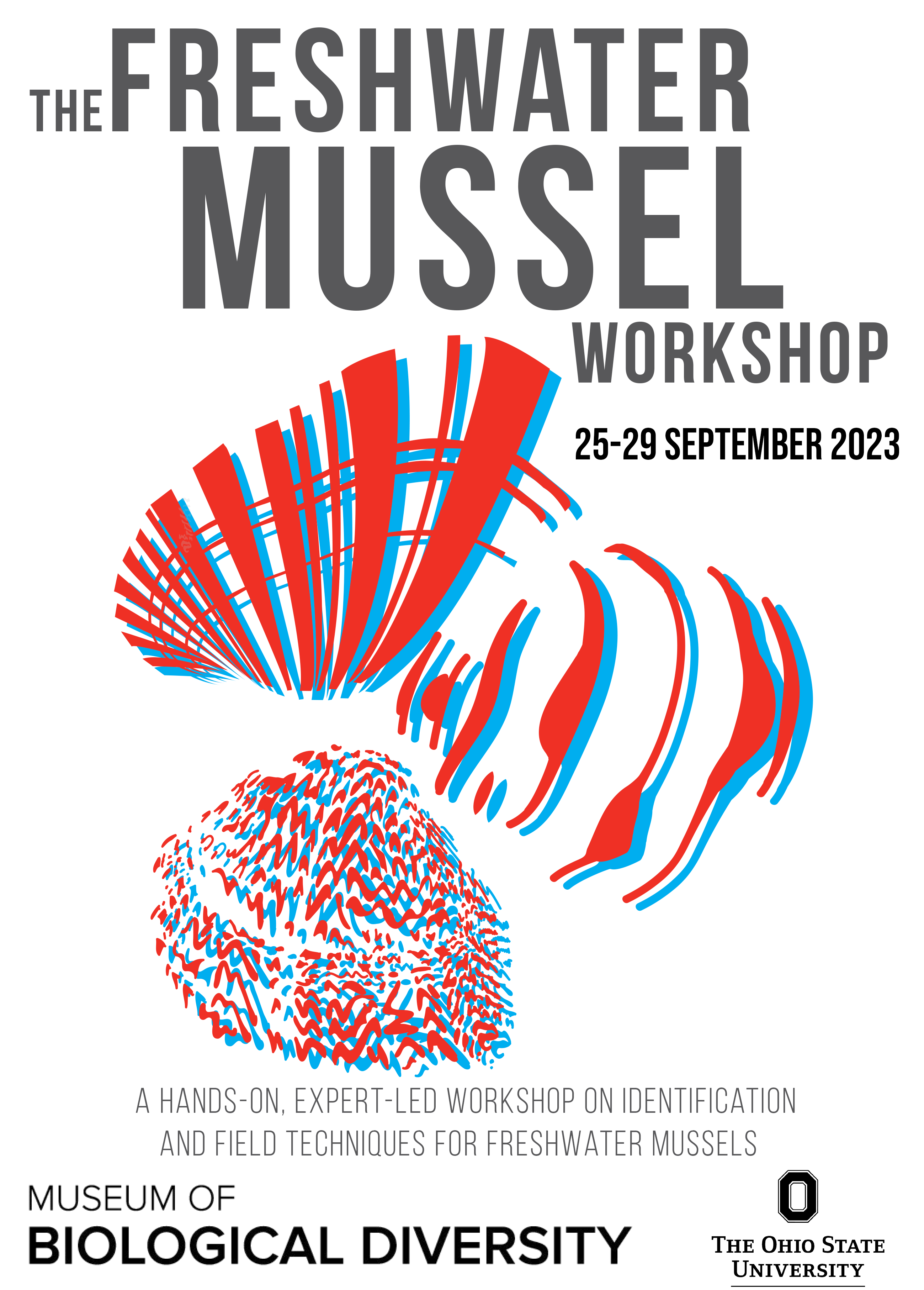 flyer for the freshwater mussel workshop showing colorful mussel shells and date and location of workshop