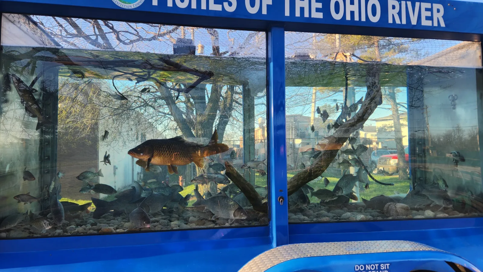 Truck sized fish tank. Text on tank reads: Fishes of the Ohio River.