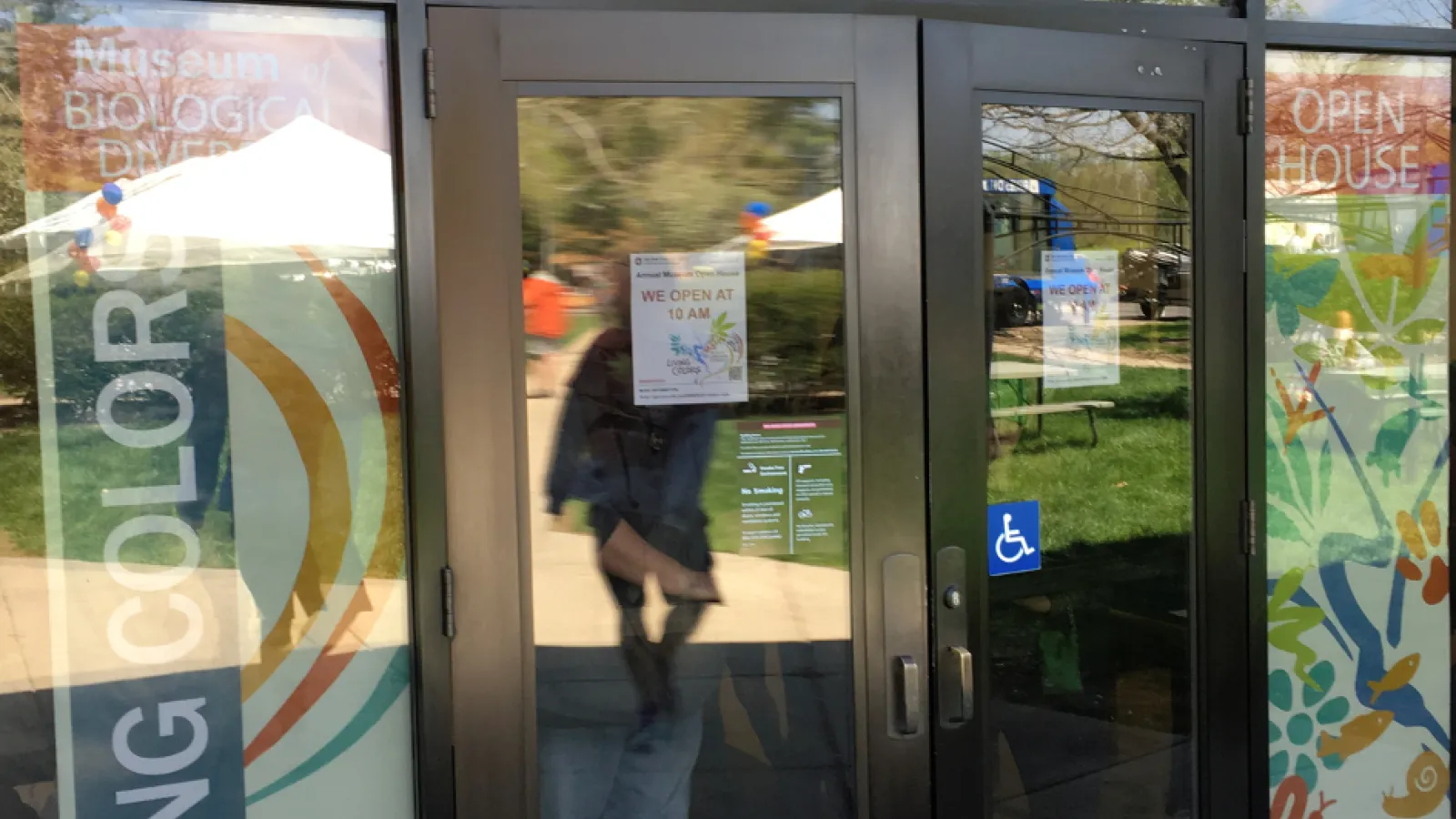 front door of Museum of Biological Diversity with Living Color posters