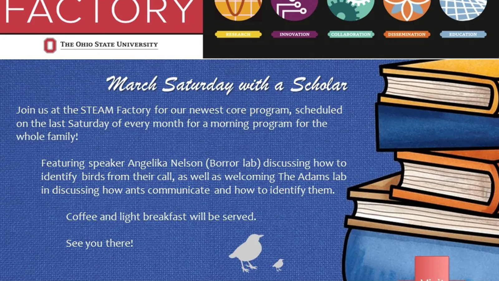 flier for March Saturday with a Scholar at The STEAM factory