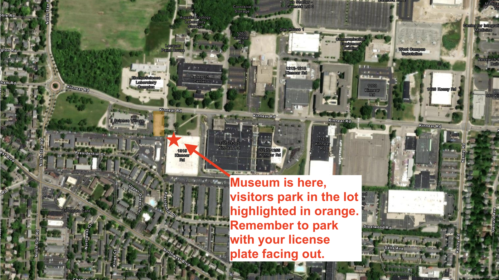 Map showing location of Museum and Parking lot.